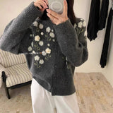 Korean Three-Dimensional Flowers Warm And Soft Knitted Cardigan Women's Autumn And Winter New Loose Thin Temperament Sweater Jacket