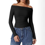 2025 New Women's Shoulder-To-Shoulder Solid-Colored Wrinkles One-Word Long-Sleeved Sexy Top