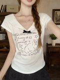 Sweet Sister Doll Collar Short-Sleeved T-Shirt Girl Shoulder 2026 Summer New Thin Girl Print Bow Small Top