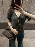 Short-Sleeved Women Summer Half-Sleeved Solid Dress Basic Sample Coat V Collar Loose Thin Shoulder T-Shirt Girl