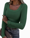 New Explosion Thread Pit Strips Long-Sleeved Sexy U-Neck Casual Women's T-Shirt