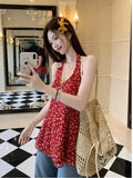Design Sense Of Retro Broken Flowers V-Neck Hanging Neck Sling Vest Women Summer Age Reduction Temperament Thin Leisure Wear Clothes