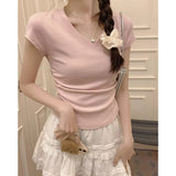 Shallow Powder Small Flying Sleeve Big V Neck Collar Collar Collar Folded Folded Waist Thin Design Short Sleeves On The Shoulder T-Shirt Girl Summer