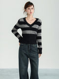 Crash Color V-Neck Striped Around The Neck Long-Sleeved Knitted Shirt Women's Autumn And Winter Coat Wearing Sweaters And Bottoms Inside The Shirt
