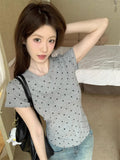Gray High-End Feeling Shoulder Short Sleeve T-Shirt Girl Summer Hottie Slim Short Cotton Bo Chic Top