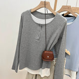 This Year's Popular Splicing Button Half-Open-Neck Long Sleeves Hit Two T-Shirts Women's Gas Hit Bottom Shirt Tops