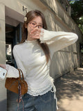 Half-High Collar Wood Ear With Velvet Knitted Long-Sleeved Bottom Shirt Women Autumn And Winter Lace Lace To Receive Waist And Top