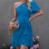 Dress 2025 Spring Solid Color Unilateral Sleeves And Shoulder Side Solid Color High-Waisted Oblique Shoulder Mid-Slope Shoulder Skirt