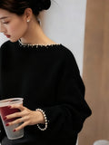 French Black Nail Beads Collar Knitted Women's New Languid Wind High Sense Loose Sweater Top