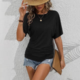 2025 Ladies Casual Fashion Pure Color Folded Round Collar Short Sleeves To Repair Summer T-Shirt