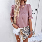 Dili Women's T-Shirt 2025 Spring And Summer Leisure Solid Color Short-Sleeved Hollow Top