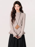 Autumn And Winter New Wooden Ear Lace Half-High Collar Long-Sleeved T-Shirt With Dehing Thicken Repair Body Dress Woman