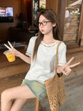 Korean Chic Nail Bead Design Sense Niche Shoulder Short Sleeve Round-Neck T-Shirt Beautiful New Unique Top