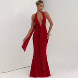 2025 Sexy Deep V-Dex-Back Hip Dress New Folded Tuxedo Fishtail Dress