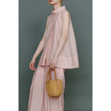 Summer Thin Two Sets Of Sleeveless Air Swing A Word Half High Collar Blouse Broad Legs Cool Pants