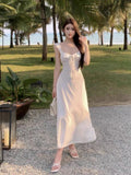 Purely Sexual Strap Design Feel Waist Sling Dress Women Summer White Slimy Body Shape Long Dress