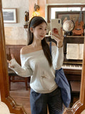 Pure Desire A Word Shoulder Gray Angle Shoulder Long-Sleeved T-Shirts For Women's Autumn Loose Bottom Shirt Languid Chic Beauty Top