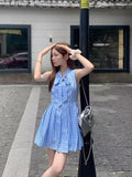 French Blue Sleeveless Hanging Neck Lattice Dress Women's Summer 2026 New Small Man Holiday Short Skirt