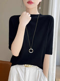 Half-High Collar Fashion Knitted Five-Sleeve Top Lady Summer Thin Flower Solid Color T-Shirt Loose Bottom