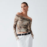 2025 Summer New Sexy Tie Dye Retro 3D Printing Embossed Shoulder Cloth Umbilical Long-Sleeved T-Shirt Girl