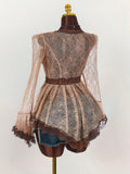 New Lace Splicing Pure Desire To See Hollow Waist Repair Sexy V Horn Sleeve Top Woman