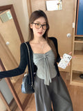Grey Bow Strap Sleeveless Vest Slings Summer New With Chest Pads All-In-One Design-Scuffed Bodysuit
