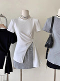 Irregular Open Fork Design Pure Cotton Short Sleeve T-Shirt Girl 2025 Spring And Summer Stew Pure Lust Hot Girl Bottom Shirt Top