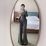 High-Level Temperament Suit Women 2025 New Autumn And Winter Word Shoulder Long Sleeve Tops Wide Legs Long Pants Two Sets