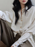 High Sense Of Waistband Striped Shirt Female Design Small Long Sleeve Retro Pile Design Thin Top