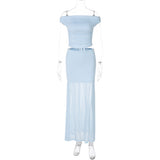 2025 Spring And Summer New Women's Fashion Sexy Shoulder Dress Repair Net Yarn Splicing Half-Body Skirt Set