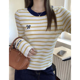 Yellow Striped Round-Neck Print Knitted Bottom Shirt Long-Sleeved Women Autumn And Winter Front Shoulder Design Feel Small Man Top