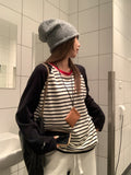 Black And White Striped Round-Neck Long-Sleeved T-Shirt Women In Autumn And Winter Lazy Relaxed Feeling Thin Coat