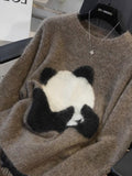 Designing Cartoon Panda Knitted Women 2025 Autumn And Winter New Chic Sweater Loose Top Inside The Bottom