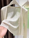 Large-Size Blue V-Neck Ice Silk Sunscreen Knitted Cardigan Women's Summer Thin Slings With Knitted Blouse Shawl