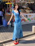 Blue Temperament Holiday Wind And Flowers Dress Women 2026 Summer New Thinch Waist Thin Atmosphere Long Dress