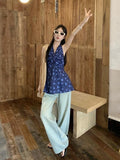 French Hanging Neck Broken Flower V-Neck Vest Shirt Women's Summer Skirt Throttling Waist Shirt Chic Sweet Spicy Small Top