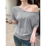 Design-Sensitive Oblique Shoulder Short-Sleeved T-Shirt Woman 2025 New Summer Chic Shoulder Sympathizes With Pure Cotton-Dense Shawl Ins