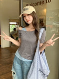 Spice Girl Style Strabismus Collar Off Shoulder Fake Two Stitched Design Short-Sleeved T-Shirts For Summer Super Fire Age Repair Body