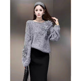 Korean Languid Three-Dimensional Flowers Purple Knitted Shirt Women 2025 Autumn And Winter New Loose Thin Sweater Top Tide