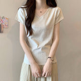 White V-Neck Cotton T-Shirt Women's Half-Sleeved 2026 New Summer Basic Shoulder Small Short-Sleeved Top