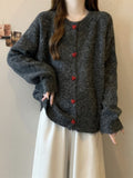 Red Love Buckle Gray Knitted Cardigan Sweater Coat Women Autumn New Large-Size Fat Mm Korean Chic Top