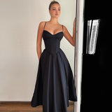 Autumn New Black Sling Skirt French Style Elegant Temperament Waist Deep V Sexy Dress