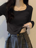 Apricot Front Shoulder Curved Under The Long-Sleeved T-Shirt Girl Early Autumn Collar Slimming Irregular Bottom Shirt