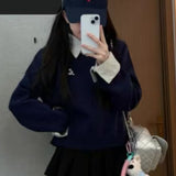 Lattice Splicing Fake Two College Style Sweater Women's Autumn And Winter New Loose High-End Knitted Shirt Top