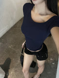 Tibetan Blue Shoulder-To-Shoulder Cotton Short-Sleeved T-Shirt Women 2025 New Summer Korean Wearing A Short Collarbone Top