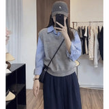 Fake Two Stripes Spliced Knitted Long-Sleeved Shirt Women's Spring And Autumn New Leisure College Style Stacking Cloth