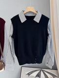 2025 Autumn Fashion Casual Fake Two-Piece Blouse Women Knitted Shirt Spliced Striped Shirt Women Age-Reduced Shirt