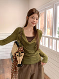 Green Fake Two Sweet Hot Girls Slanted Shoulder Collar Slimming On The Shoulder Long-Sleeved T-Shirt Girl Autumn Bottom Shirt