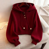 Red Hooded Jacket Women 2025 Autumn And Winter 2025 New Short-Wearing Knitted Sweater Super Good-Looking Single Dress