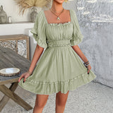 Dili 2025 Spring And Summer Leisure Holiday Wind Solid Wood Ear With Short-Sleeved Dress Women's Skirt